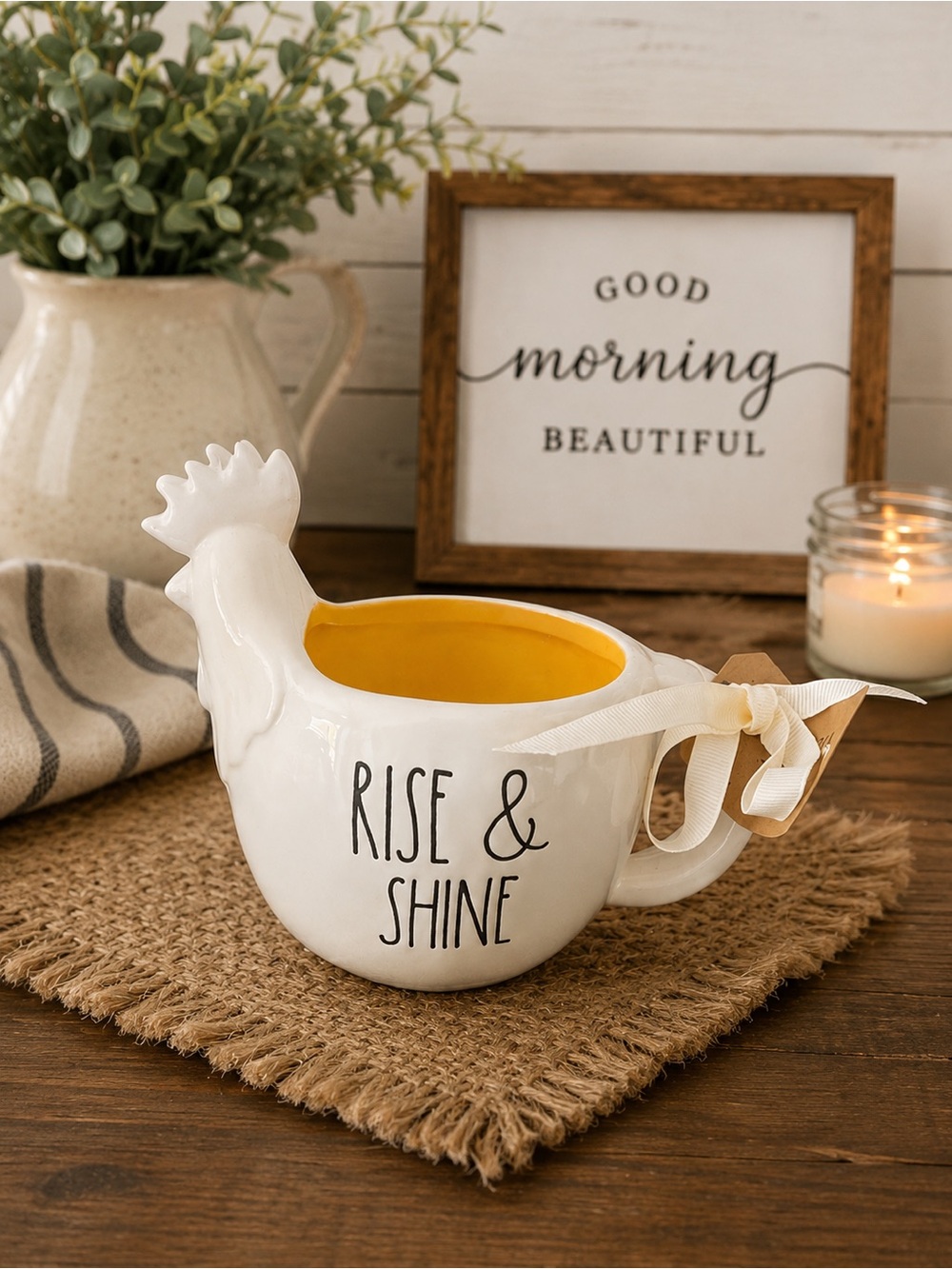 Rise & Shine White Ceramic Rooster Mug with Yellow Interior
